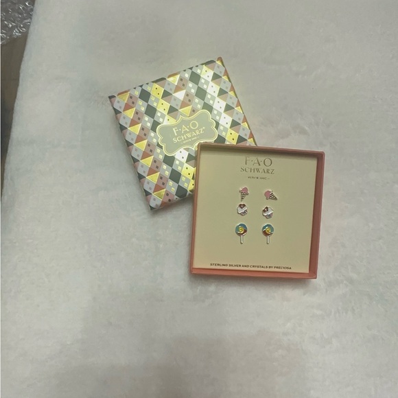 FAO Schwarz Sterling Silver Earrings with Pink and Blue Crystals - Picture 2 of 5